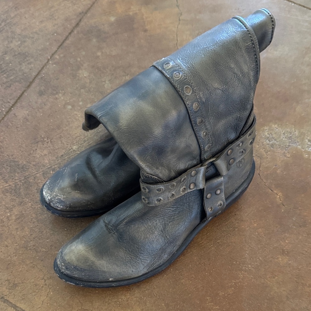 Bronx Black Fold-Over Studded Leather Ankle Boots